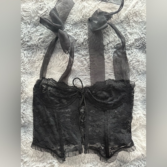none Tops - Black Lace Corset Top with Tie Straps. Coquette Victorian Rococo